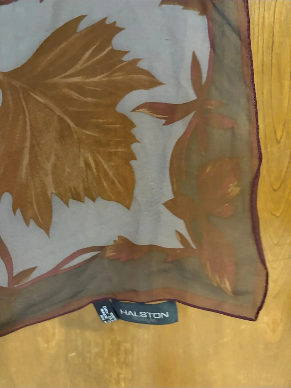 VINTAGE Halston lifestyle 100% SILK Leaf Print Scarf in Brown and Gold